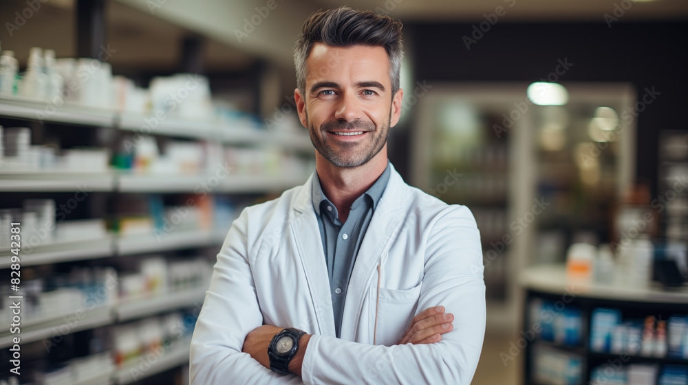 Smiling pharmacist standing behind the counter against the background of shelves with medicines Smiling pharmacist standing behind the counter against the background of shelves with medicines