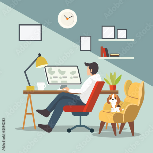 Illustration of a man working on a computer from home