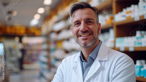 Smiling pharmacist standing behind the counter against the background of shelves with medicines