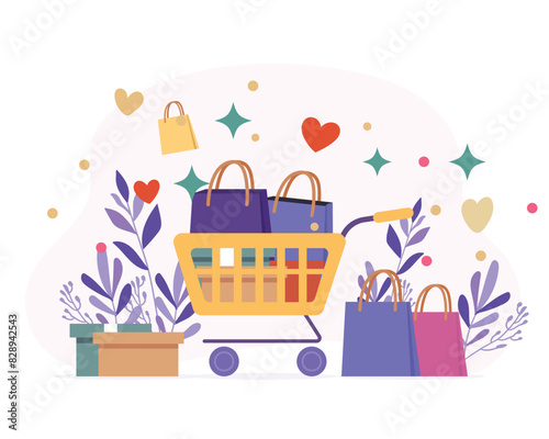 Vector illustration featuring a shopping cart embellished with a charming gift box and a chic shopping bag