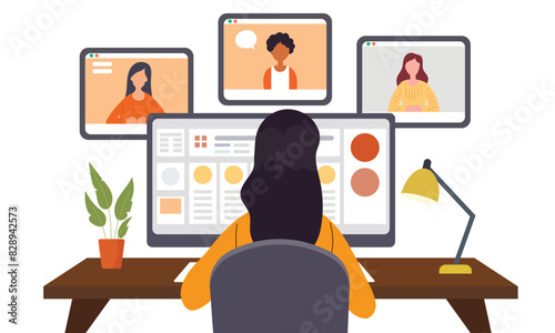 Woman having a virtual conference meeting with her team about a new project