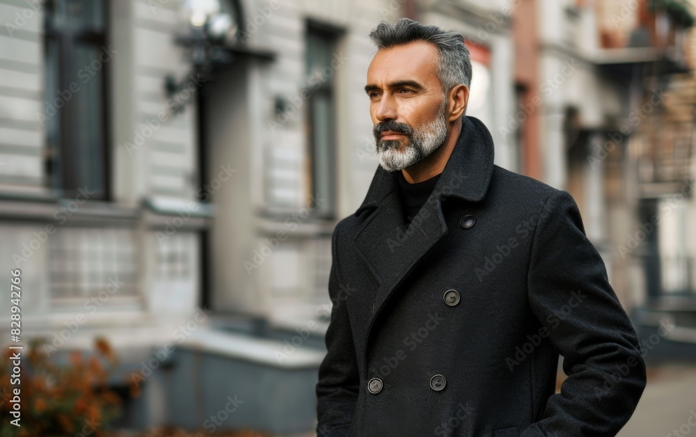 A middle-aged man with a beard walking while wearing a black coat A middle-aged man with a beard walking while wearing a black coat