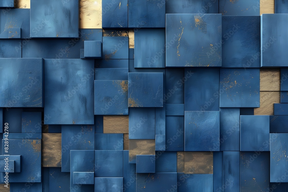 3D render of blue squares with gold details on top, arranged in a symmetrical pattern, creating an abstract background with geometric shapes and texture in the style of different artists
3D render of blue squares with gold details on top, arranged in a symmetrical pattern, creating an abstract background with geometric shapes and texture in the style of different artists