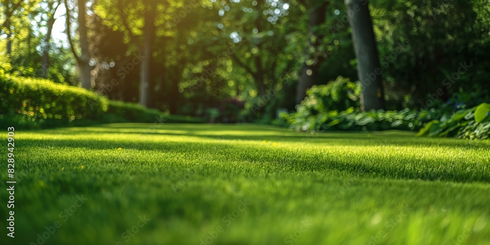 Obraz premium Beautifully landscaped green grass in a lush park with trees providing ample shade during a sunny day