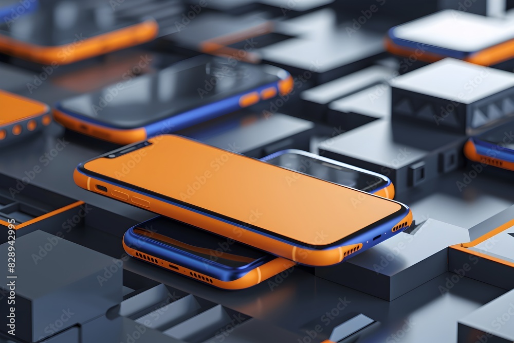 3D render of two mobile phones stacked on top of each other, with an orange and navy blue color theme
3D render of two mobile phones stacked on top of each other, with an orange and navy blue color theme