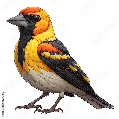 cute cartoon adult female Western Tanager Piranga ludoviciana with yellow and black plumage happy found in Canada North America photo