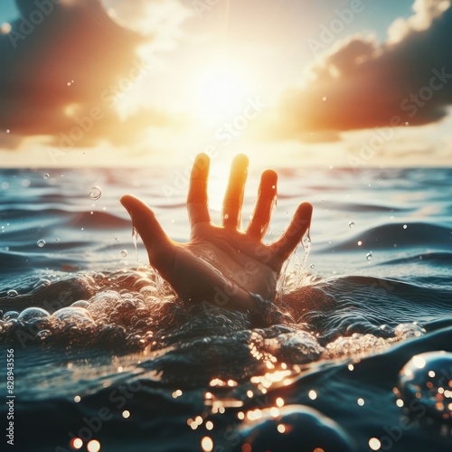 Hand reaching out from water asking for help photo