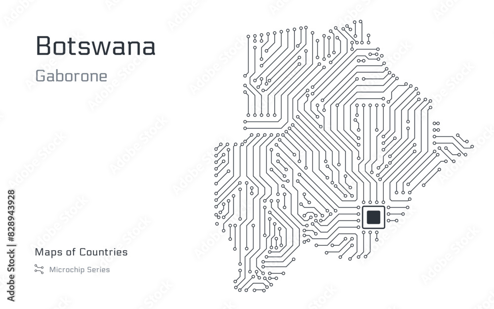 Botswana Map with a capital of Gaborone Shown in a Microchip Pattern with processor. E-government. World Countries vector maps. Microchip Series Botswana Map with a capital of Gaborone Shown in a Microchip Pattern with processor. E-government. World Countries vector maps. Microchip Series