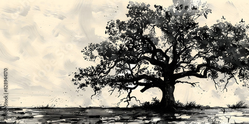 Lone Old Oak Tree Standing in Field	