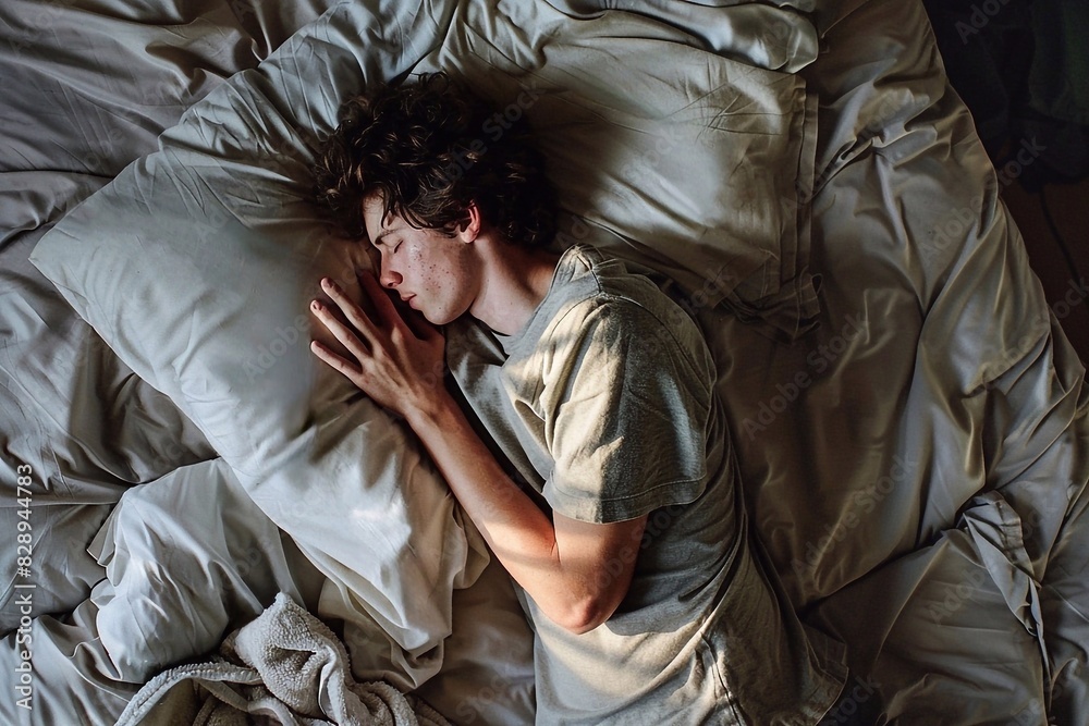 Obraz premium Top view of a young man sleeping in bed at night. Top view of a man lying in bed and sleeping. Man sleeping