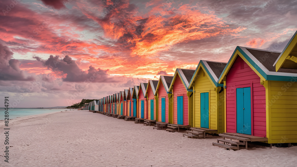 a row of colorful wooden beach huts, sunset on the beach, perspective angle photography a row of colorful wooden beach huts, sunset on the beach, perspective angle photography