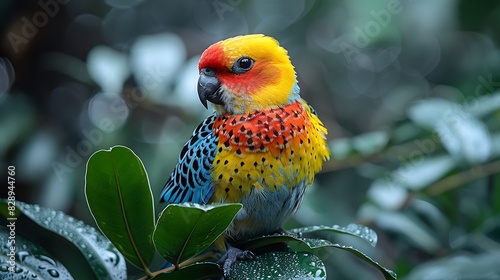 cute cartoon adult male Eastern Rosella Platycercus eximius with red yellow and blue plumage happy native to Australia Oceania photo