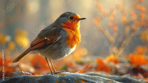 cute cartoon adult male European Robin Erithacus rubecula with orange and brown plumage happy found in Ireland Europe photo