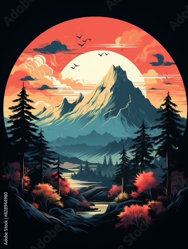 T-shirt design depicting a sun rising over a campsite, mountains in the background, birds soaring overhead, framed within a circular design and border. Realistic illustration in a pen and ink style
