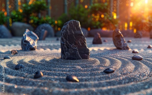 A Japanese Zen rock garden featuring rocks placed strategically in the middle, creating a serene and minimalist landscape photo