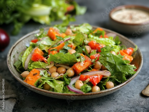 A bowl of salad with a variety of vegetables including carrots, lettuce, and onions. The salad is served in a bowl and is placed on a table