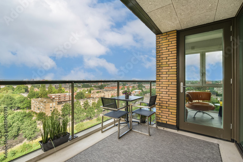 Modern balcony with cityscape and cozy design photo