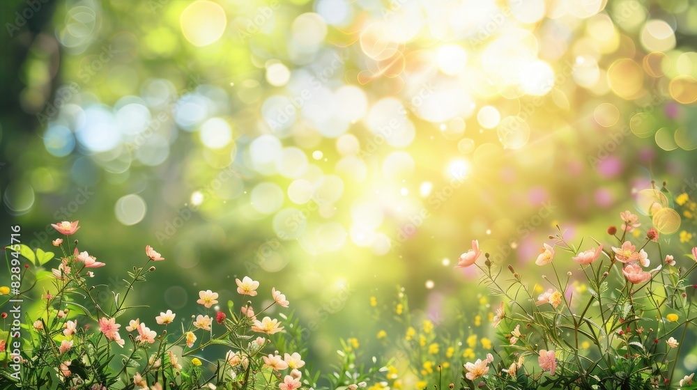 Obraz premium Abstract Background of Spring Garden with Blurry Flowers and Trees