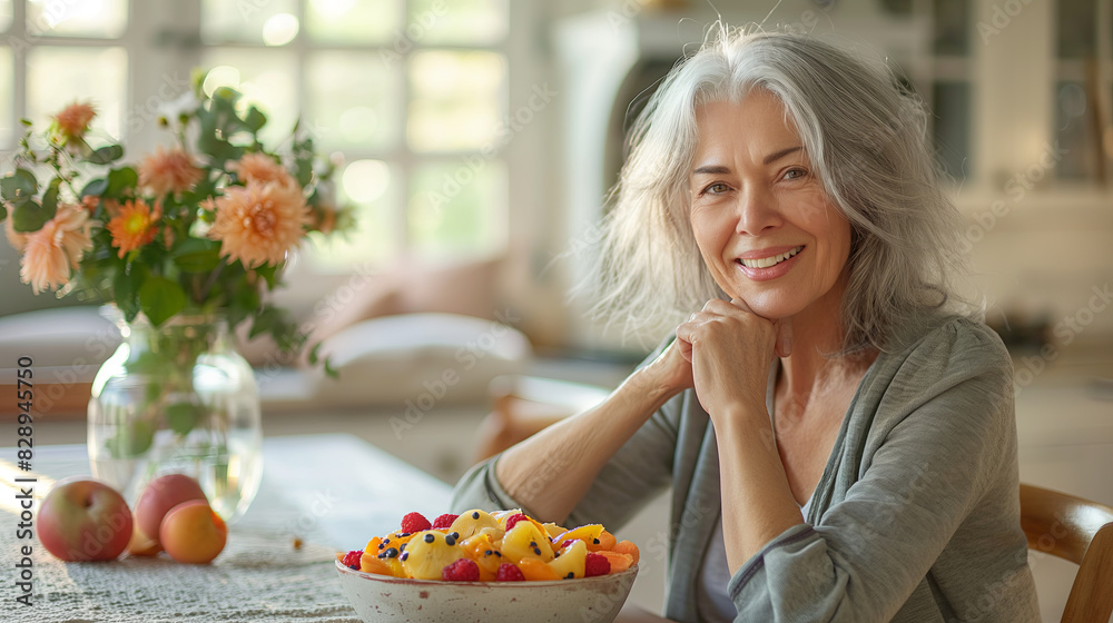 A happy senior woman with gray hair enjoys a fresh fruit breakfast in a cozy, sunlit kitchen, highlighting healthy living and contentment A happy senior woman with gray hair enjoys a fresh fruit breakfast in a cozy, sunlit kitchen, highlighting healthy living and contentment