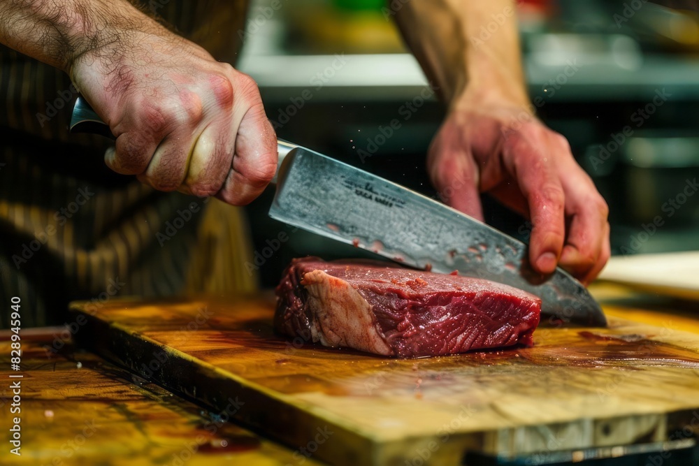 A professional butcher with a sharp knife expertly slicing through a piece of beef on a wooden cutting board in a commercial kitchen