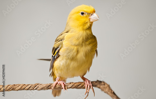 A yellow canary with a black beak and a white background, 3d image of a Canary bird on white background, Canary (Serius canaria). Captive bird.
 photo