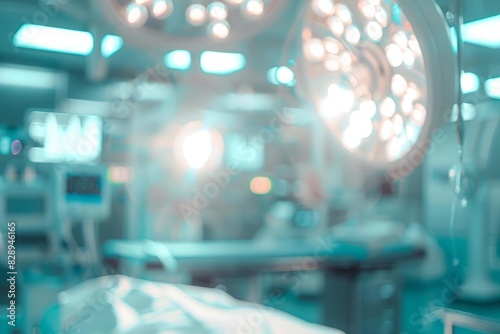 A blurred view of a state of the art operating room with surgical lights and monitors creating a bokeh effect
