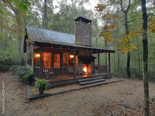 A small cabin with a fireplace and a chimney. The cabin is surrounded by trees and has a rustic feel photo