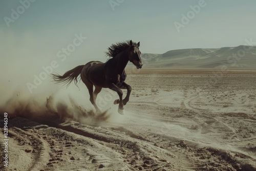 Stunning image of a black horse running at full gallop in the dusty desert landscape
