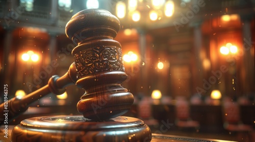 A wooden gavel rests on a block, ready to strike in a courtroom setting. The warm glow of lights behind suggests a sense of formality and authority. photo