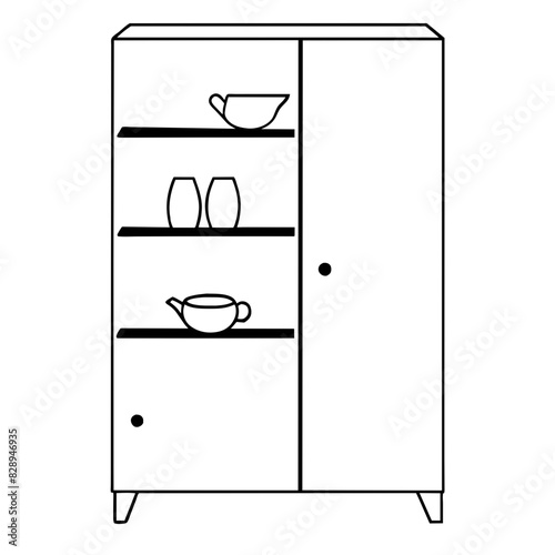 line drawing of kitchen cabinets with doors and drawers