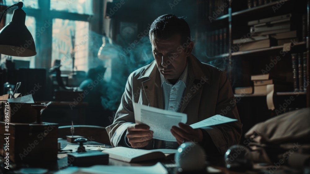 A detective in a dimly lit room, crossreferencing clues in a notebook with items in an evidence bag A detective in a dimly lit room, crossreferencing clues in a notebook with items in an evidence bag