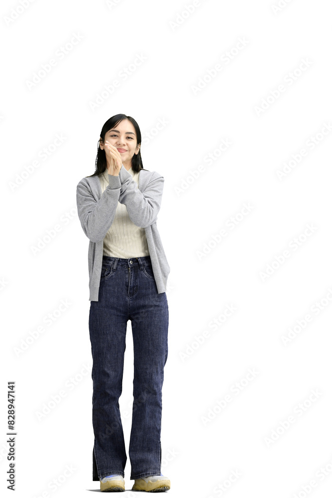 A woman, full-length, on a white background, is touched A woman, full-length, on a white background, is touched