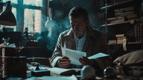 A detective in a dimly lit room, crossreferencing clues in a notebook with items in an evidence bag photo
