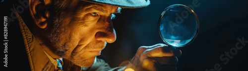 A detective in a classic hat and trench coat, holding a magnifying glass, examining a mysterious clue in the dark