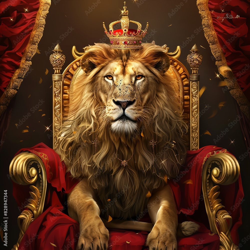 Royal King Lion Wearing a Gold Crown and Red Cloak
