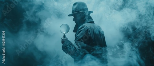 A figure in a trench coat and detective hat, magnifying glass focused on a critical clue amidst fog and mystery photo