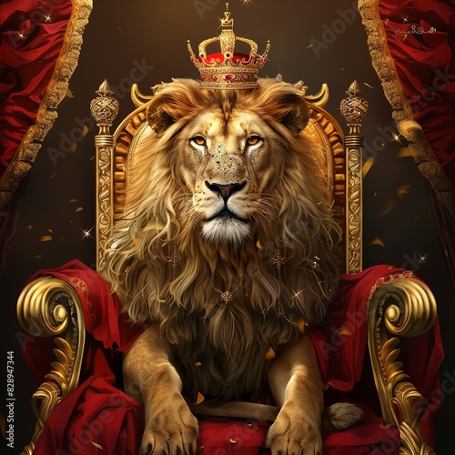 Royal King Lion Wearing a Gold Crown and Red Cloak 