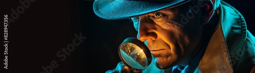 A detective in a classic hat and trench coat, holding a magnifying glass, examining a mysterious clue in the dark