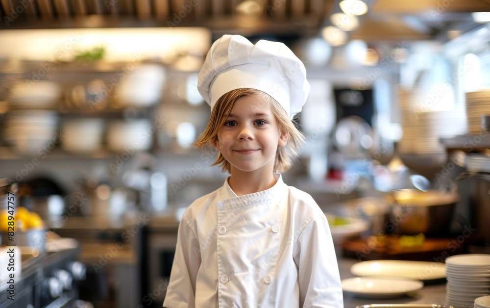 A young girl, dressed in a chefs hat, stands in a kitchen A young girl, dressed in a chefs hat, stands in a kitchen