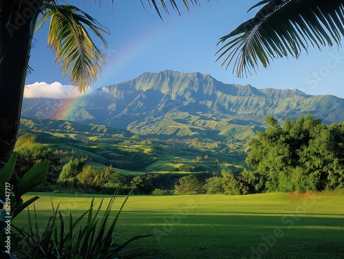 A rainbow is seen in the sky above a lush green field. The scene is peaceful and serene, with the mountain in the background adding to the beauty of the landscape