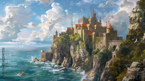  A medieval castle on a cliff overlooking the ocean  with knights and dragons. Medieval castle  cliffside setting  ocean view  knights  dragons  epic fantasy. Resplendent
