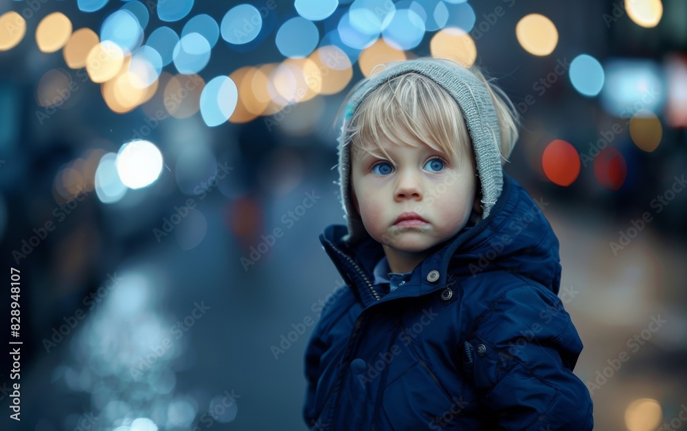 A young boy wearing a blue jacket stands on the street surrounded by bokeh lights A young boy wearing a blue jacket stands on the street surrounded by bokeh lights