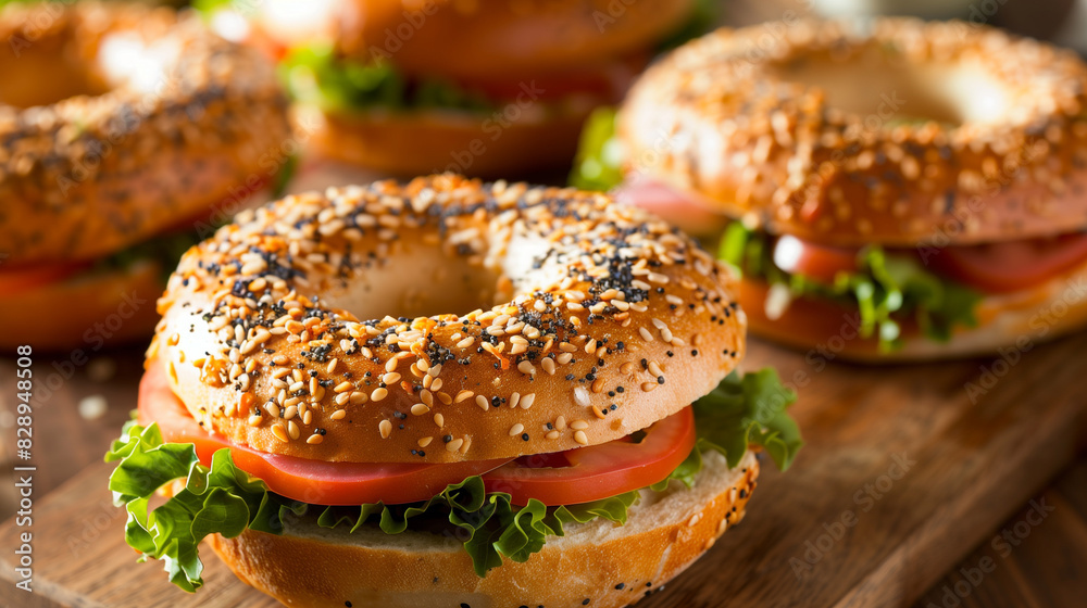 gourmet sesame and poppy seed bagel sandwich with bacon cheese vegetables gourmet sesame and poppy seed bagel sandwich with bacon cheese vegetables