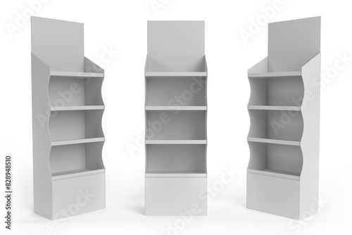 Supermarket Promotional Display Rack, Empty Product Display, PDQ Display Box With Three Different View, Floor Stand Display. 3D Rendered.