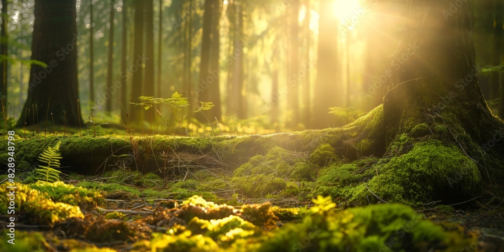 Fototapeta premium Sunlight filters through the trees in a lush forest, highlighting the green moss and forest floor