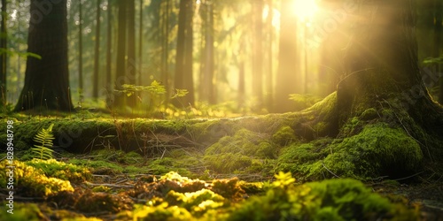 Sunlight filters through the trees in a lush forest, highlighting the green moss and forest floor