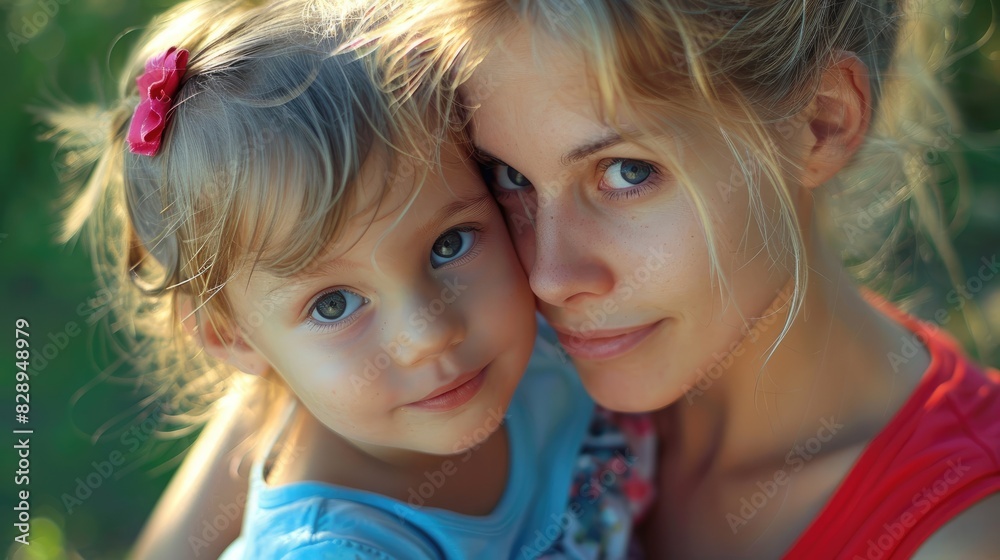 Close up image of a lovely blond mother in a red t shirt with her daughter Close up image of a lovely blond mother in a red t shirt with her daughter