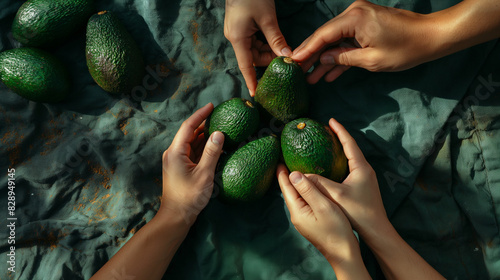 Friends squeezing avocados to check for ripeness. Dynamic and dramatic composition, with cope space photo