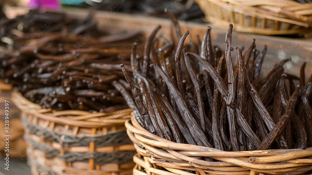 Baskets of plump fragrant vanilla beans beckon with their sweet scent. Baskets of plump fragrant vanilla beans beckon with their sweet scent.