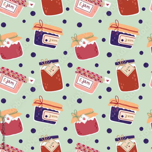 funny vector seamless pattern of cute jars with jam